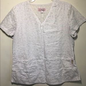 Koi Scrub Top: White Embroidered Floral Design - L